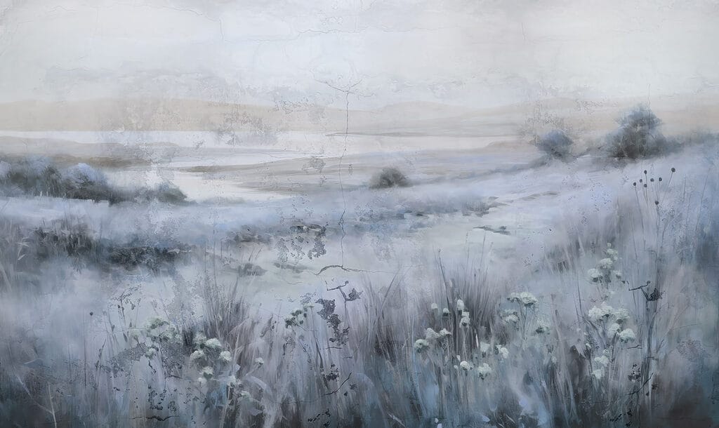 Schilderij van een grasveld en een rivier Schilderij van een grasveld en een rivier