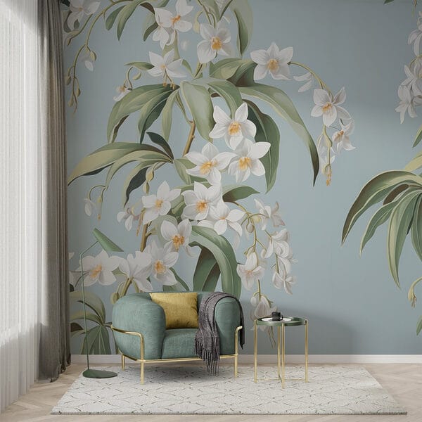 Behang met witte bloemen Behang met witte bloemen