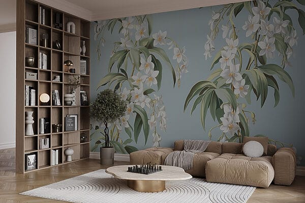 Behang met witte bloemen Behang met witte bloemen