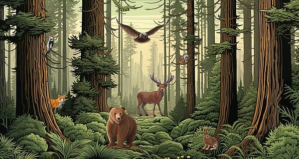 Bos met dieren en vogels Bos met dieren en vogels