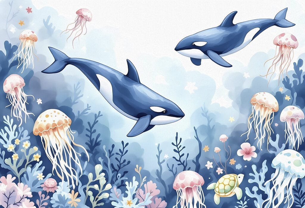 Walvis en schildpad zwemmen in de oceaan Walvis en schildpad zwemmen in de oceaan