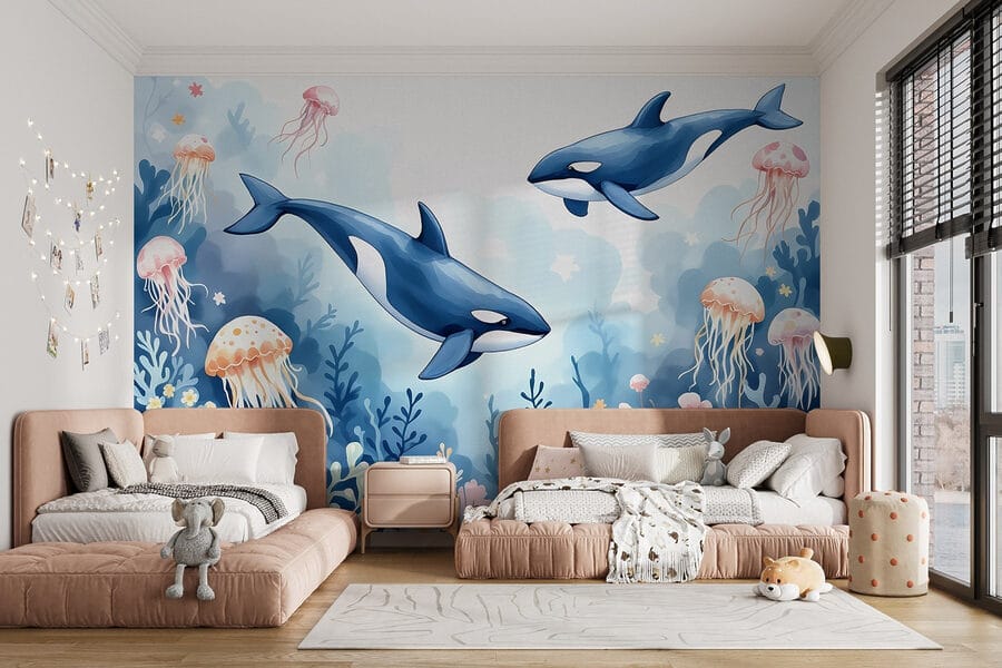Walvis en schildpad zwemmen in de oceaan