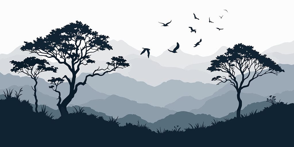 Vogels vliegen over een bergketen Vogels vliegen over een bergketen