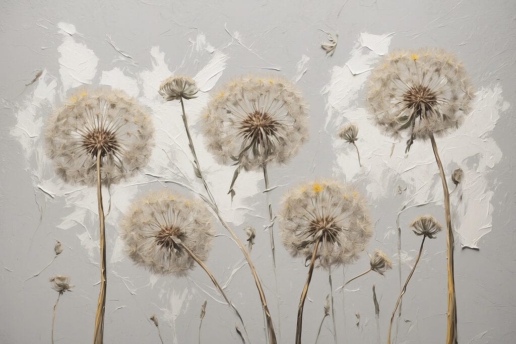 Painting of dandelions on a white background