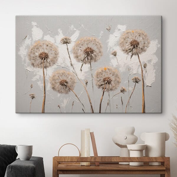 Schilderij van paardenbloemen op een witte achtergrond Schilderij van paardenbloemen op een witte achtergrond