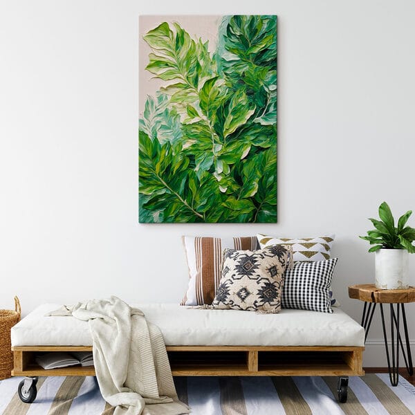 Schilderij van bladeren op een wit oppervlak Schilderij van bladeren op een wit oppervlak