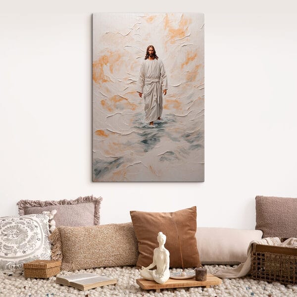 Schilderij van een man in een gewaad staand in water Schilderij van een man in een gewaad staand in water