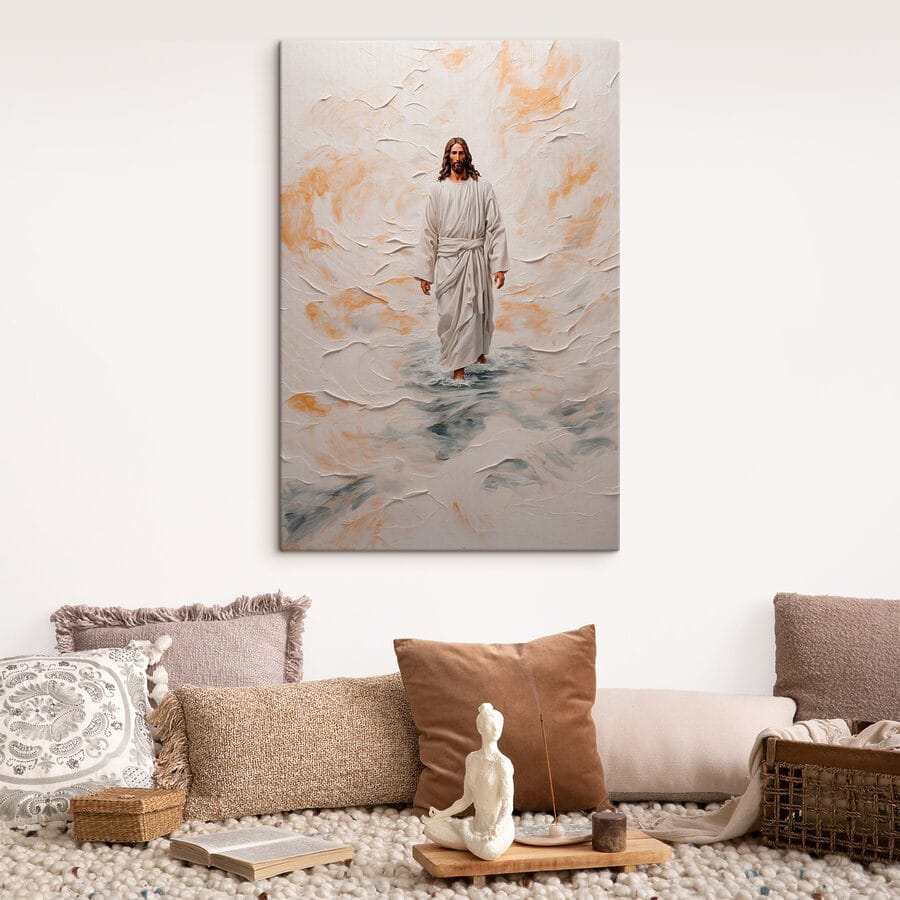 Schilderij van een man in een gewaad staand in water