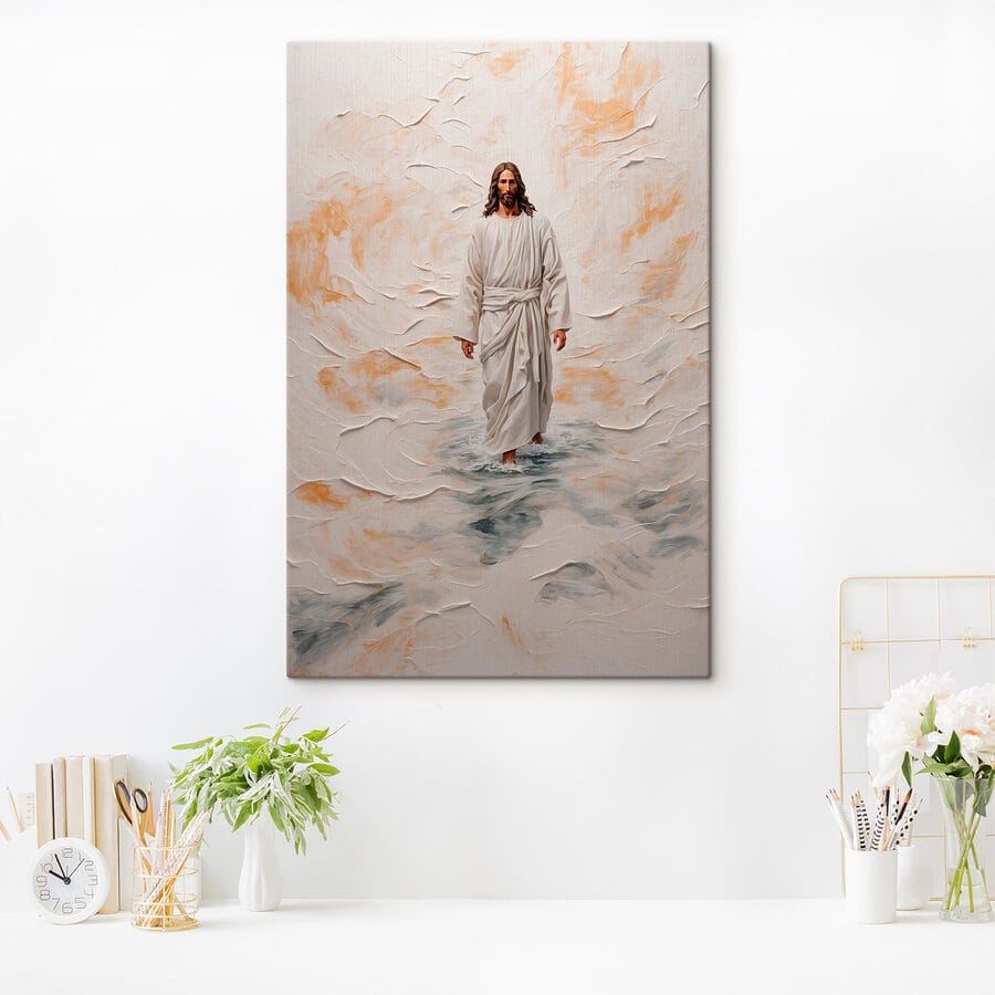 Schilderij van een man in een gewaad staand in water