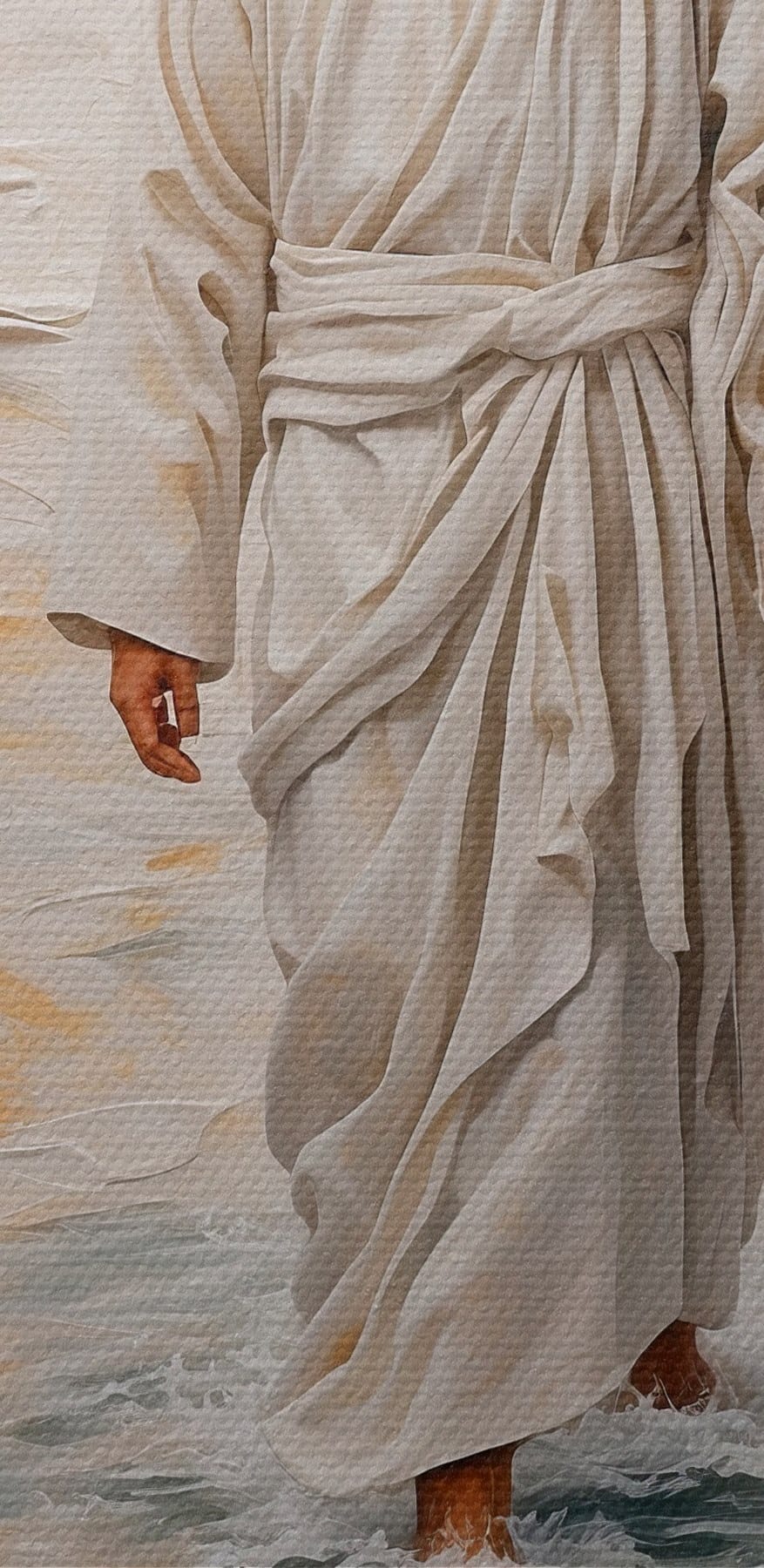 Schilderij van een man in een gewaad staand in water