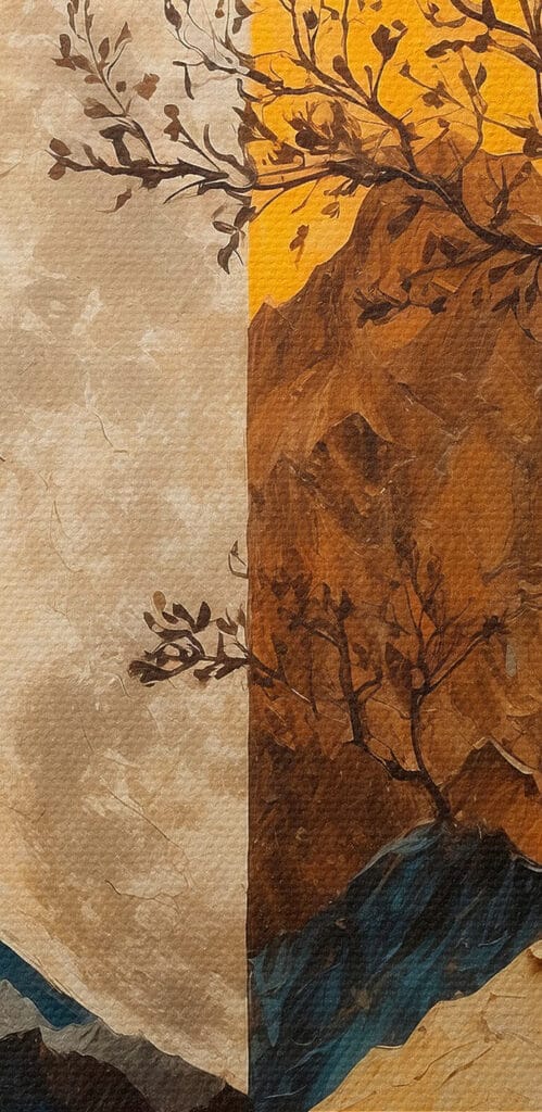 Painting of a tree and mountains
