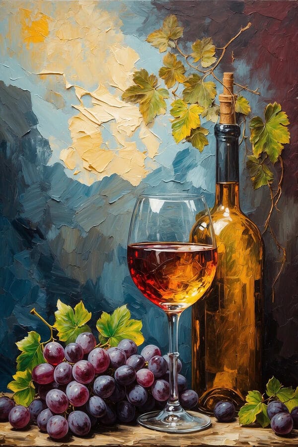 Schilderij van een wijnfles en een glas wijn Schilderij van een wijnfles en een glas wijn