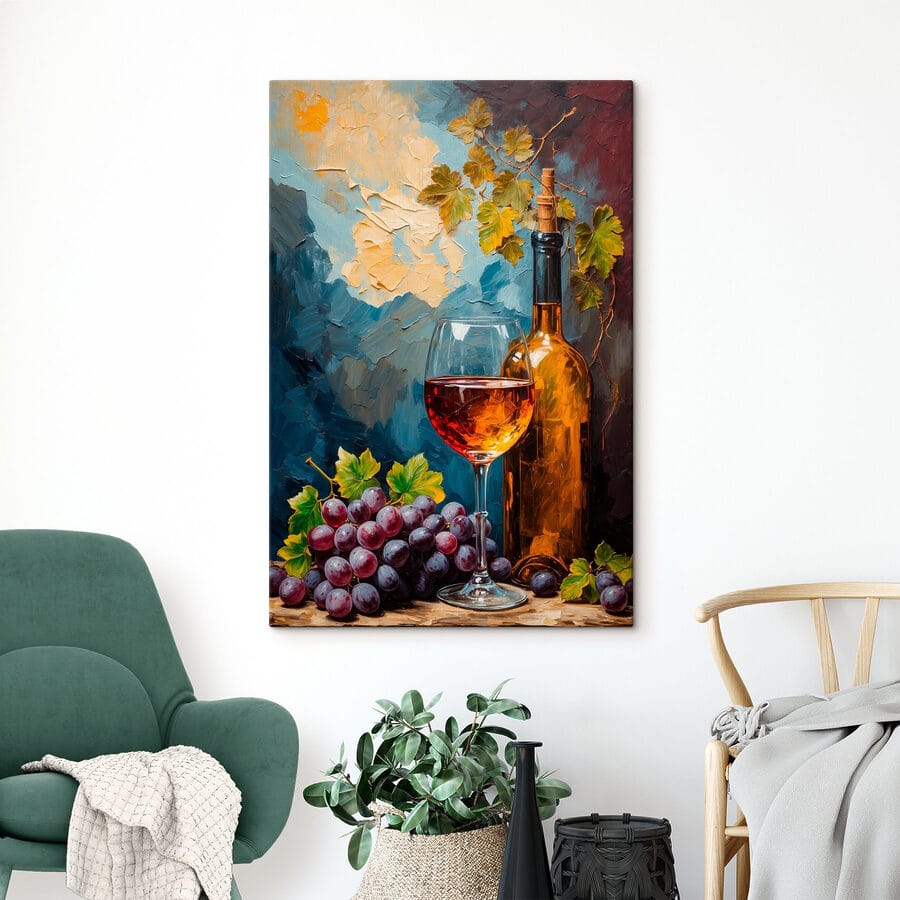 Schilderij van een wijnfles en een glas wijn
