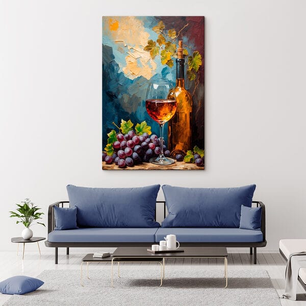 Schilderij van een wijnfles en een glas wijn Schilderij van een wijnfles en een glas wijn