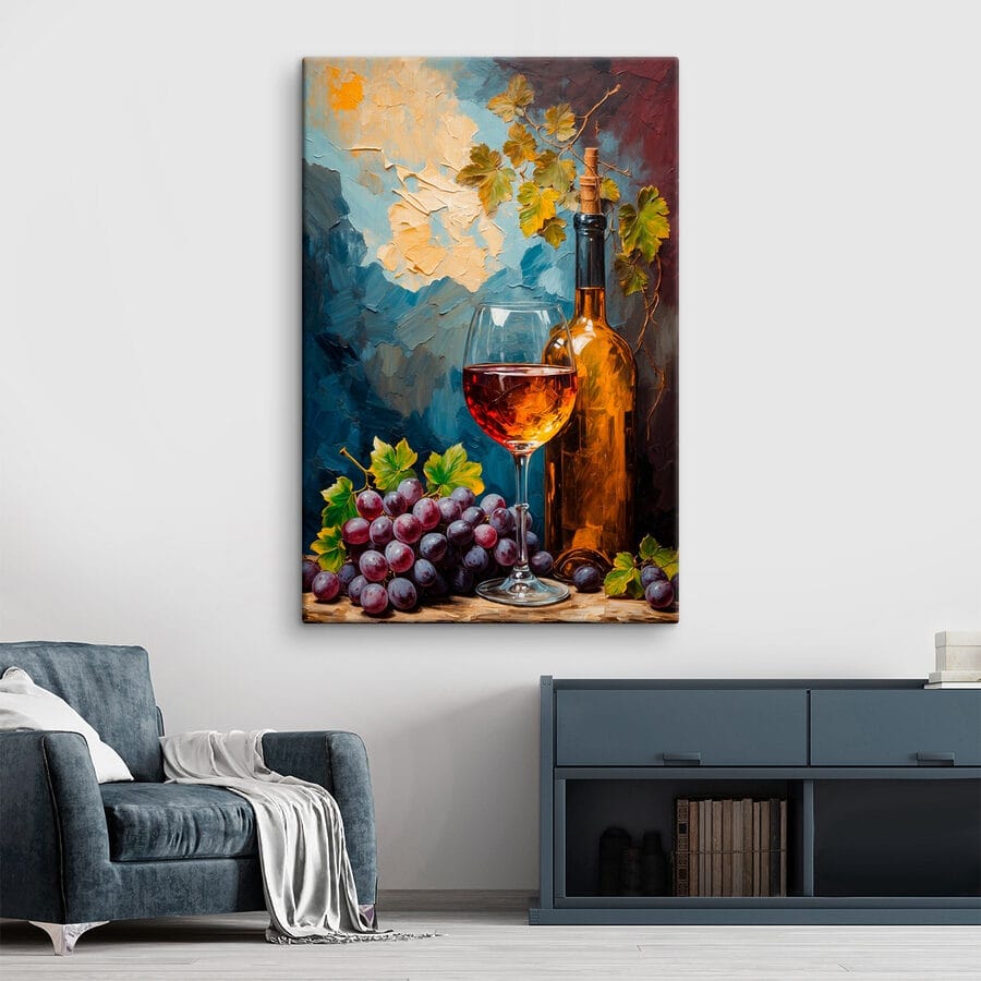 Schilderij van een wijnfles en een glas wijn