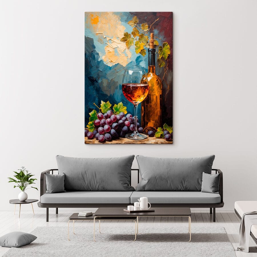 Schilderij van een wijnfles en een glas wijn