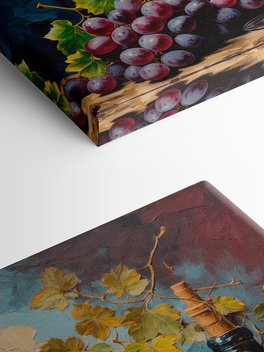 Schilderij van een wijnfles en een glas wijn