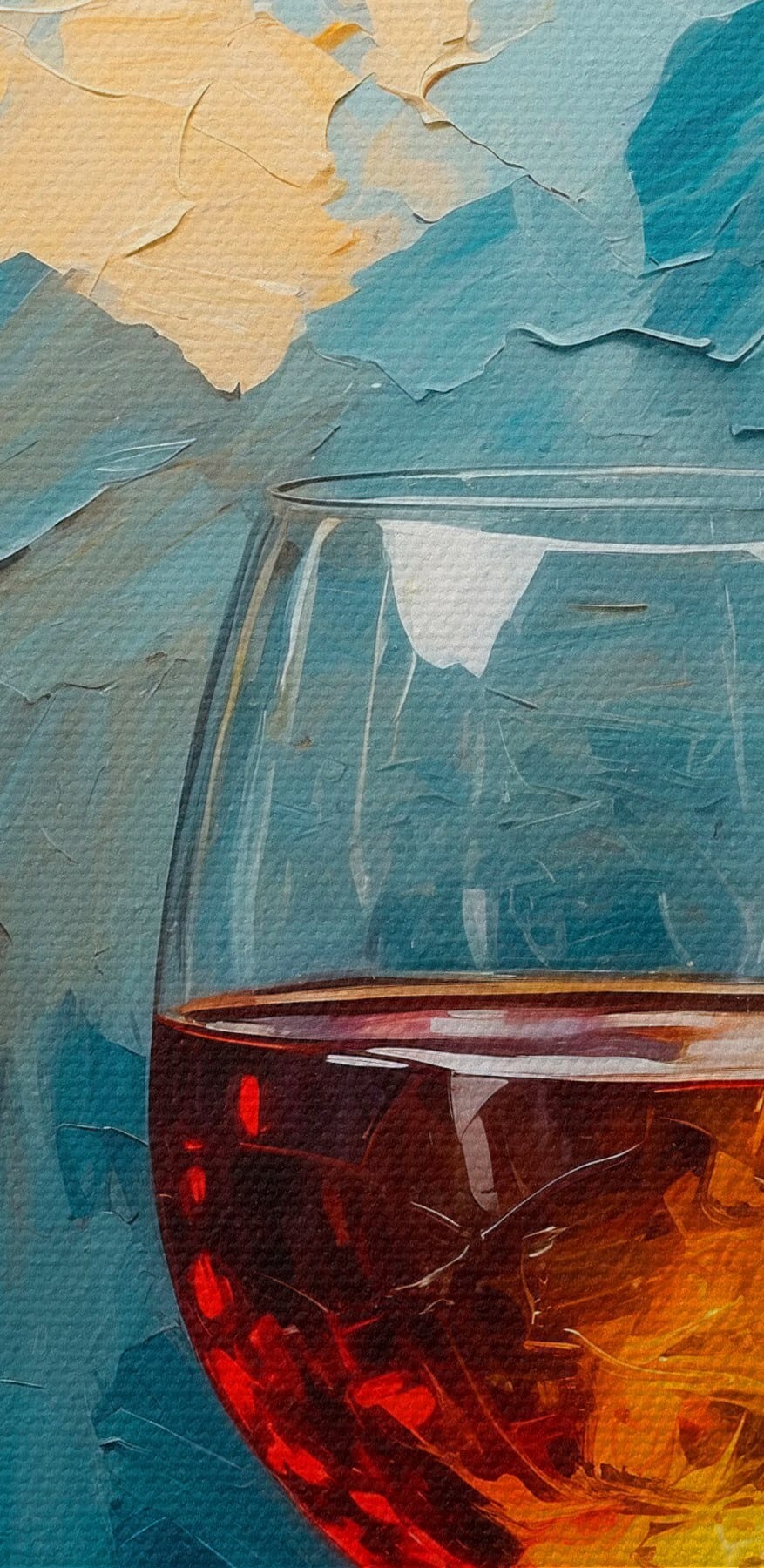Schilderij van een wijnfles en een glas wijn