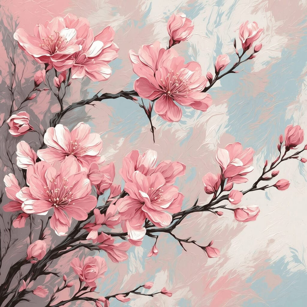Painting of pink flowers on a branch