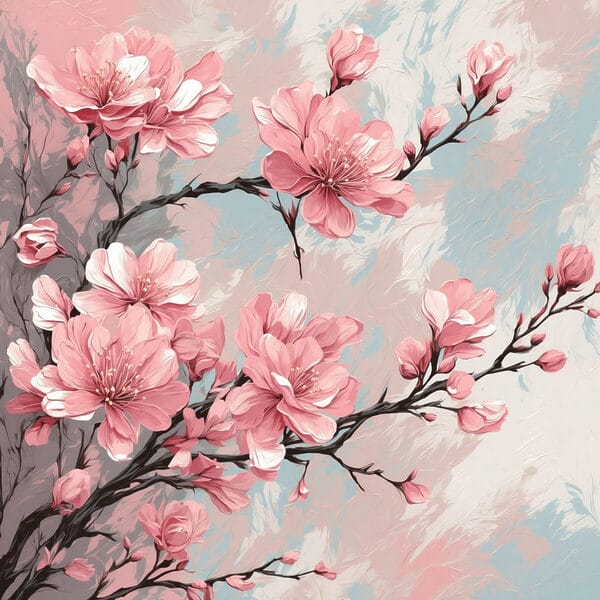 Schilderij van roze bloemen op een tak Schilderij van roze bloemen op een tak