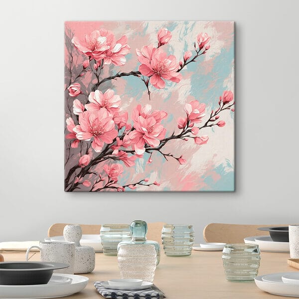 Schilderij van roze bloemen op een tak Schilderij van roze bloemen op een tak