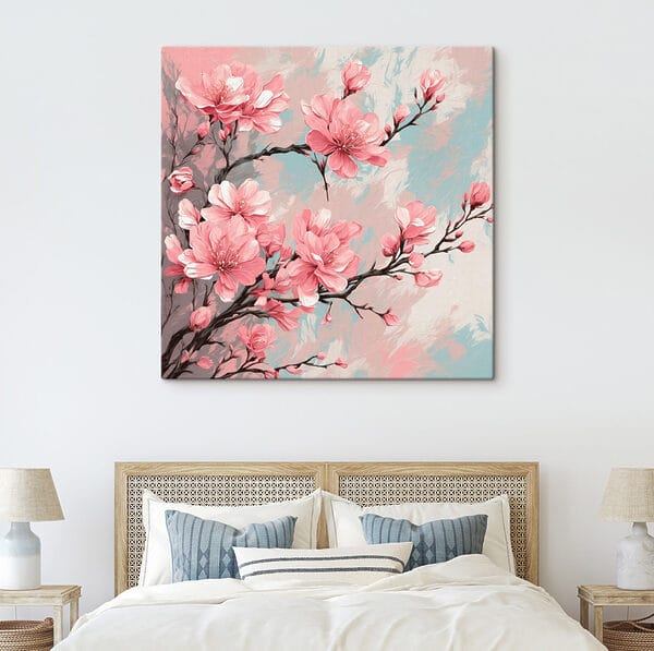Schilderij van roze bloemen op een tak Schilderij van roze bloemen op een tak