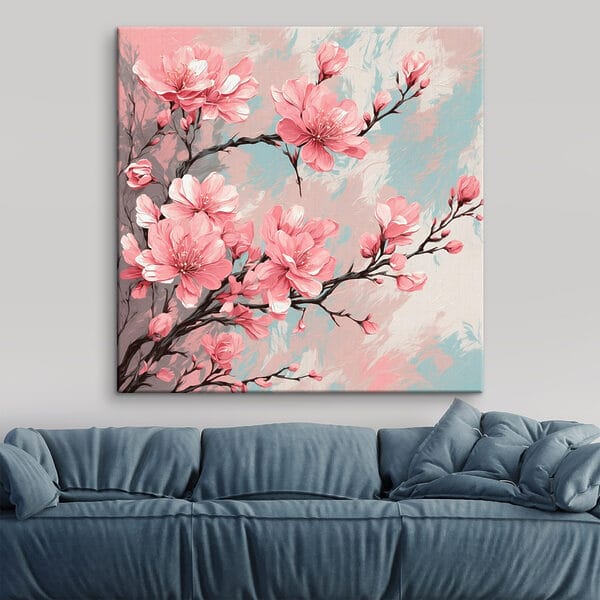 Schilderij van roze bloemen op een tak Schilderij van roze bloemen op een tak