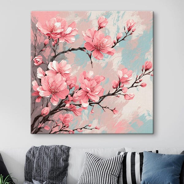 Schilderij van roze bloemen op een tak Schilderij van roze bloemen op een tak