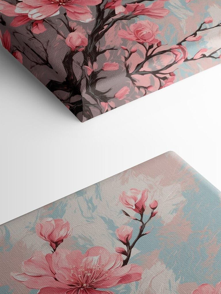 Painting of pink flowers on a branch