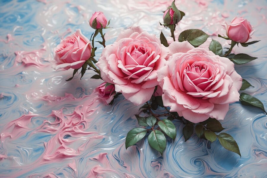 Groep roze rozen op een blauw en wit vlak