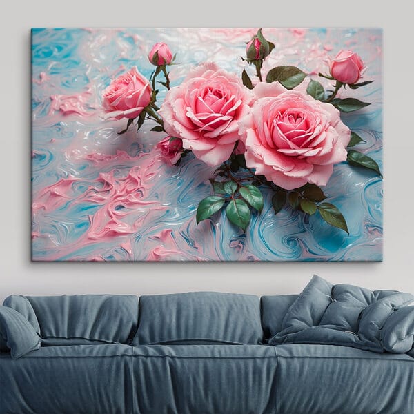 Groep roze rozen op een blauw en wit vlak Groep roze rozen op een blauw en wit vlak