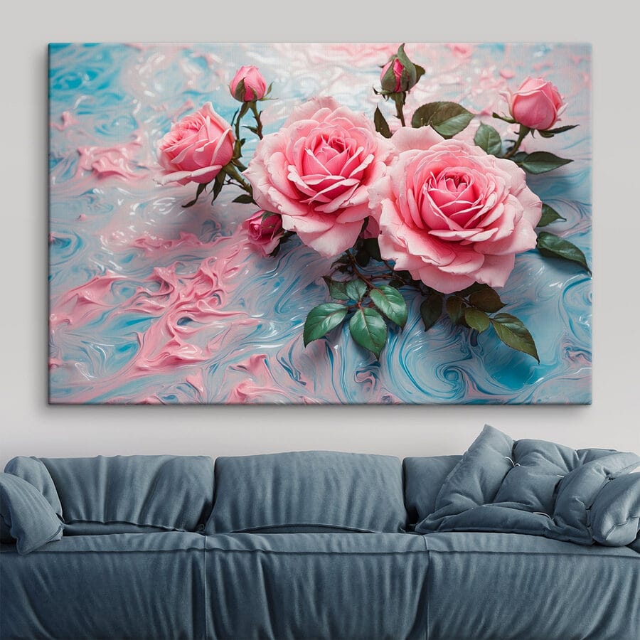 Groep roze rozen op een blauw en wit vlak