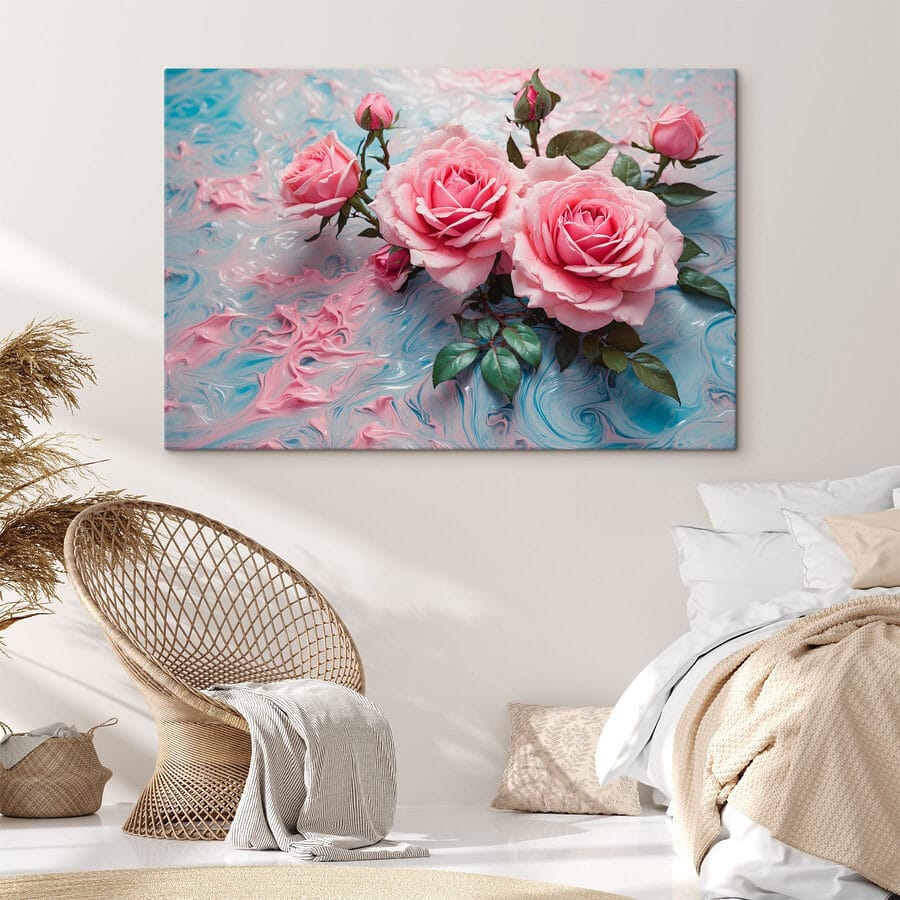 Groep roze rozen op een blauw en wit vlak
