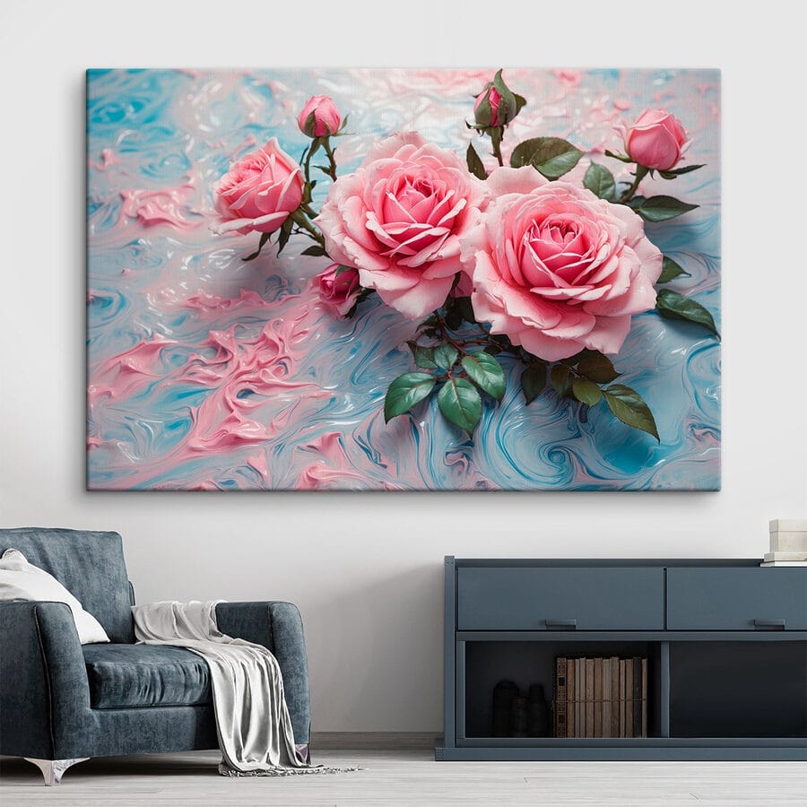 Groep roze rozen op een blauw en wit vlak