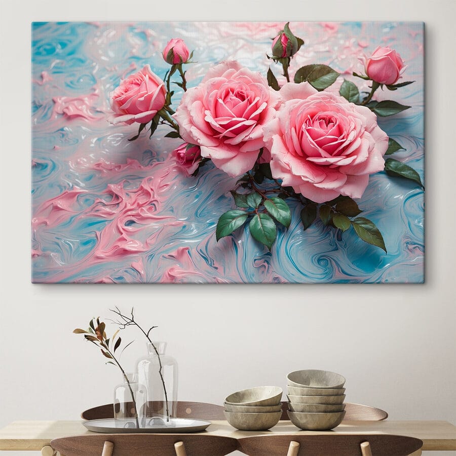 Groep roze rozen op een blauw en wit vlak