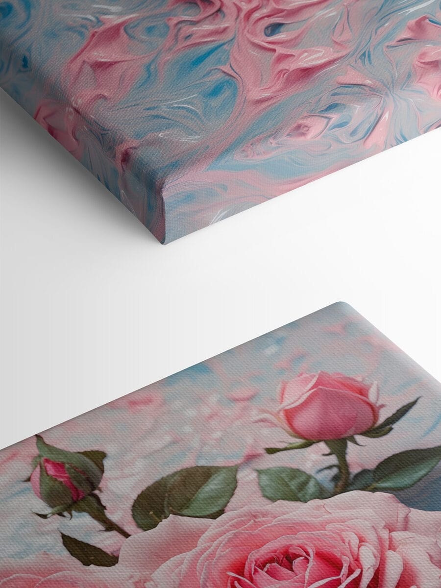Groep roze rozen op een blauw en wit vlak
