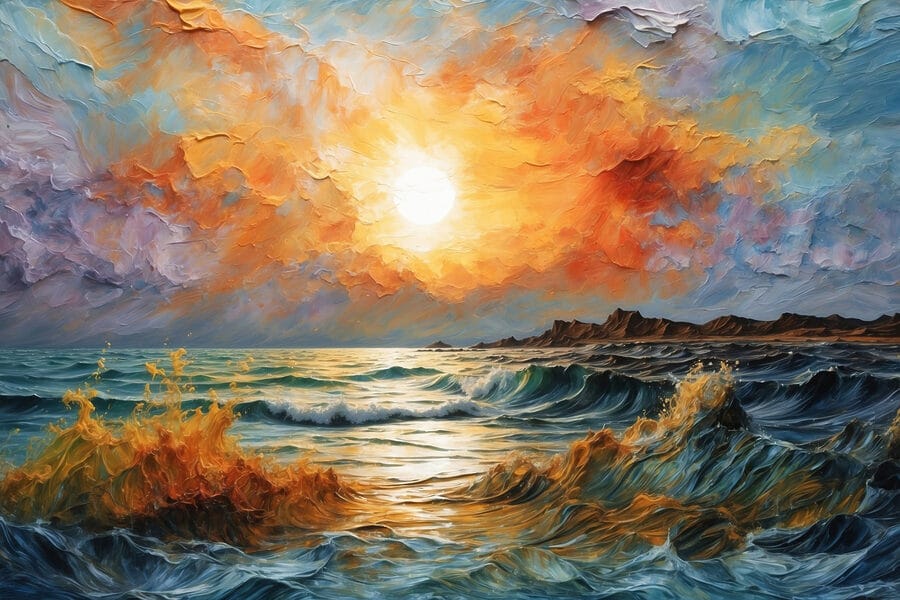 Schilderij van een zonsondergang boven een waterlichaam