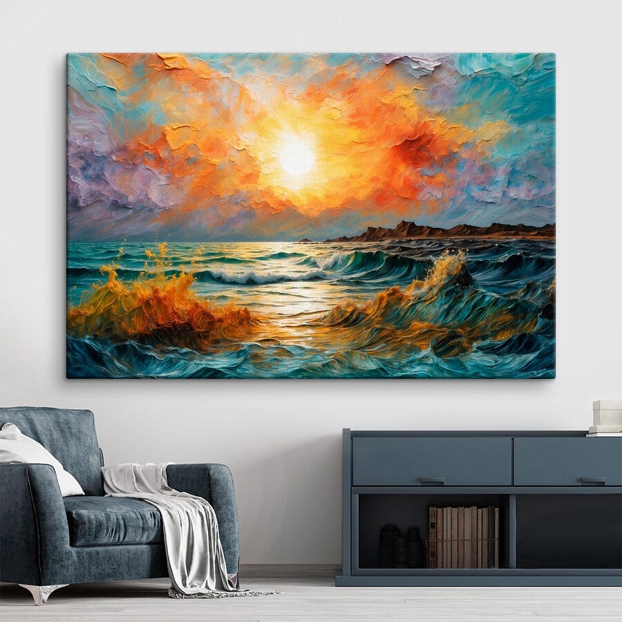 Schilderij van een zonsondergang boven een waterlichaam