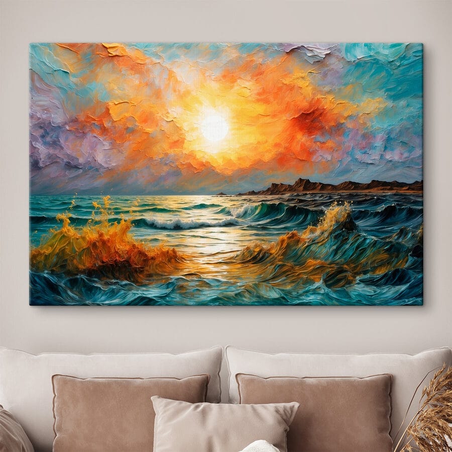 Schilderij van een zonsondergang boven een waterlichaam