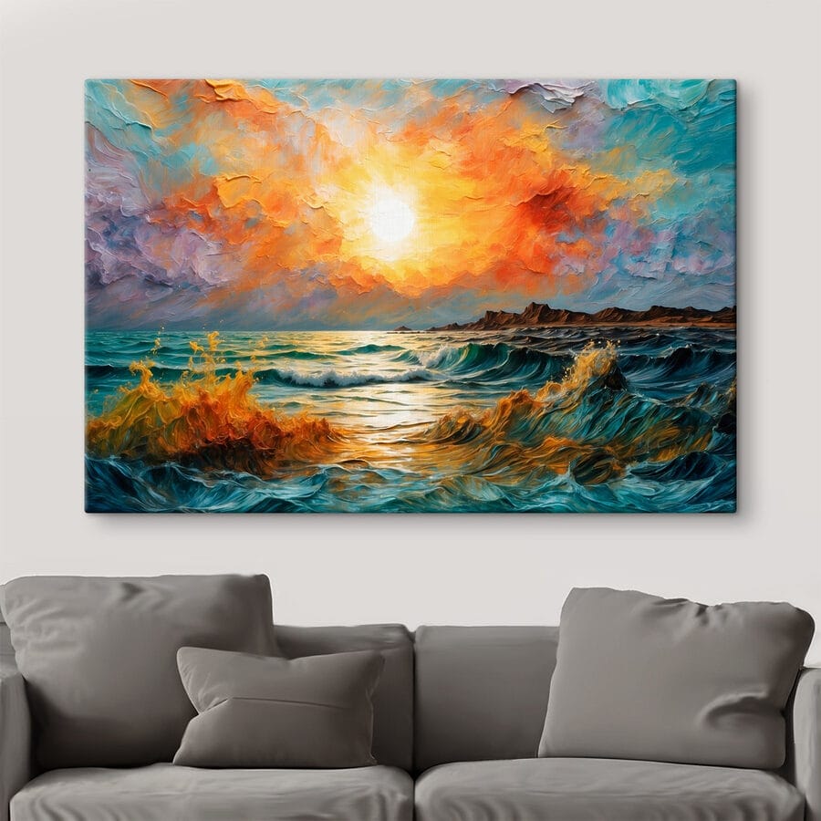 Schilderij van een zonsondergang boven een waterlichaam