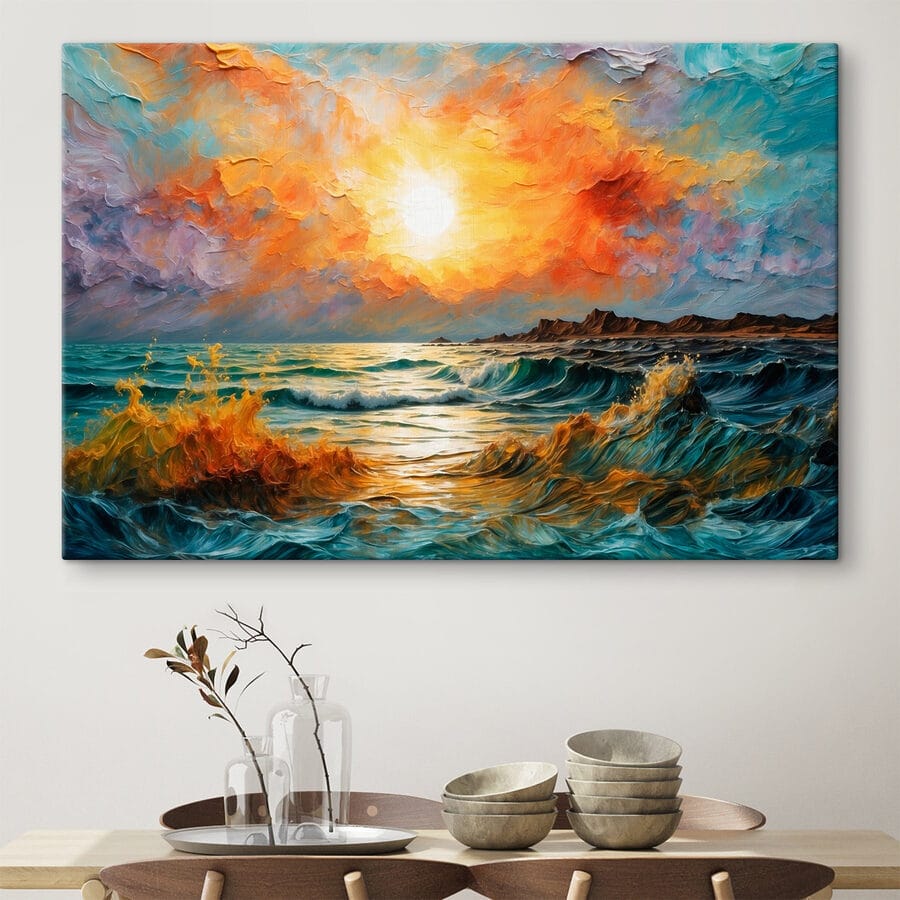 Schilderij van een zonsondergang boven een waterlichaam