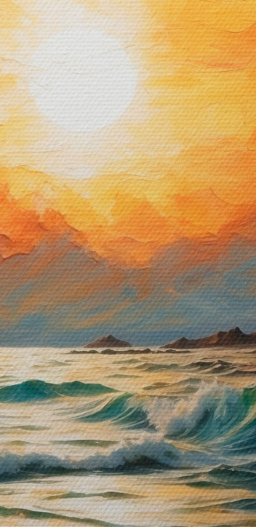 Schilderij van een zonsondergang boven een waterlichaam