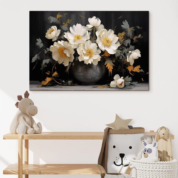 Schilderij van witte bloemen in een vaas Schilderij van witte bloemen in een vaas