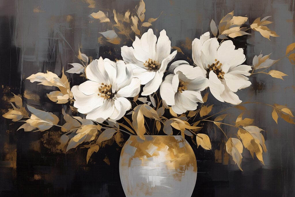 Painting of white flowers in a vase