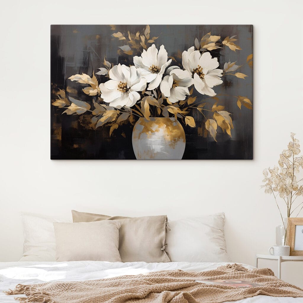 Painting of white flowers in a vase