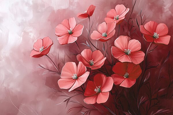 Schilderij van bloemen op roze achtergrond Schilderij van bloemen op roze achtergrond