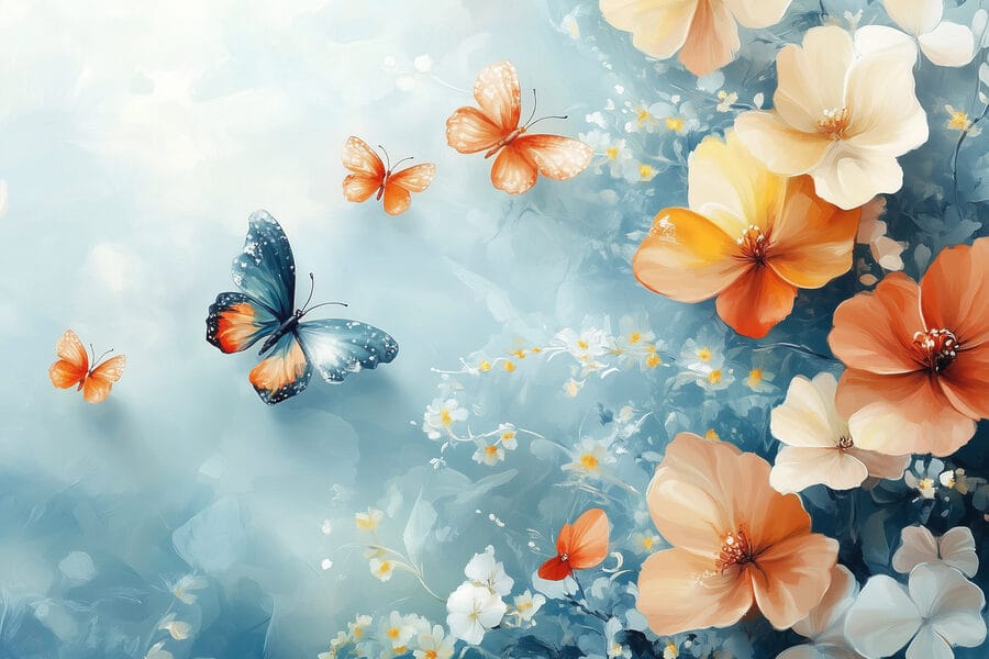 Vlinders en bloemen op een blauwe achtergrond