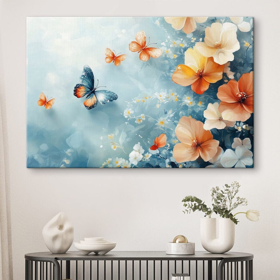 Vlinders en bloemen op een blauwe achtergrond