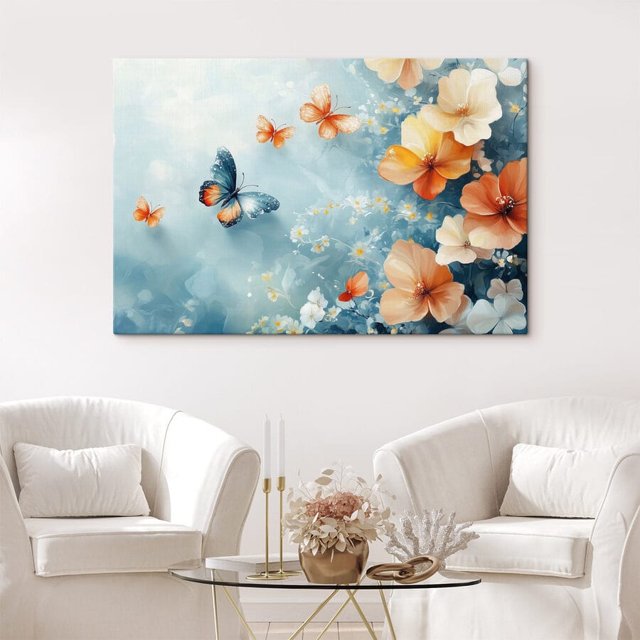 Vlinders en bloemen op een blauwe achtergrond