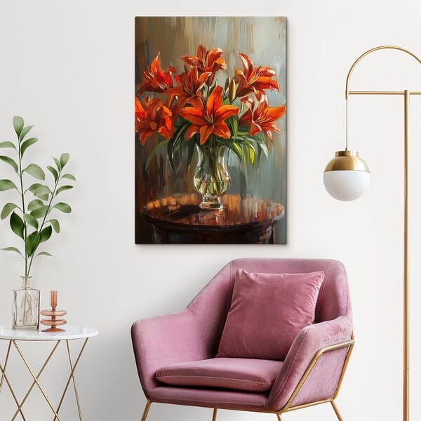 Schilderij van oranje bloemen in een glazen vaas Schilderij van oranje bloemen in een glazen vaas